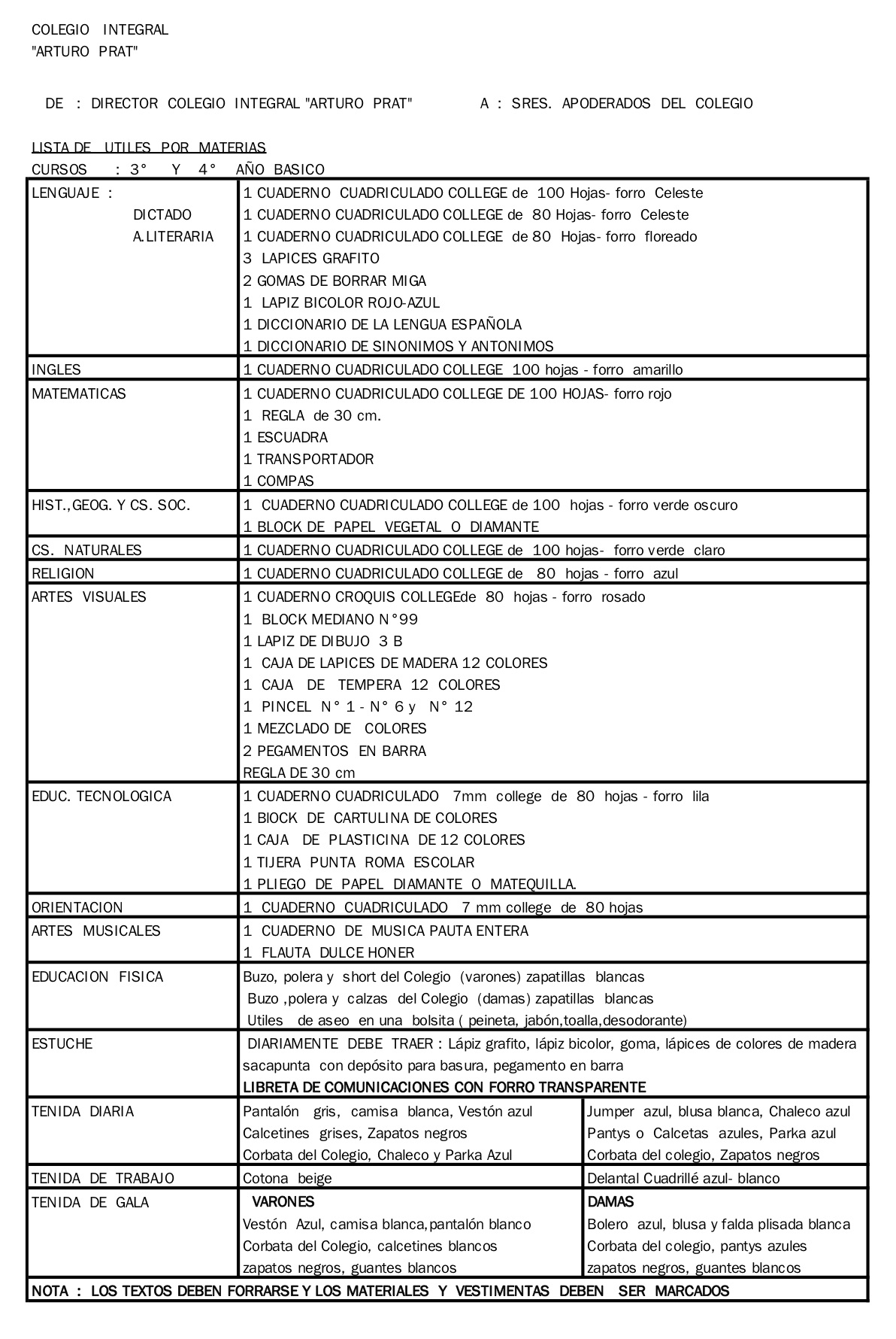 LISTA DE UTILES 3º Y 4º BASICO 2019