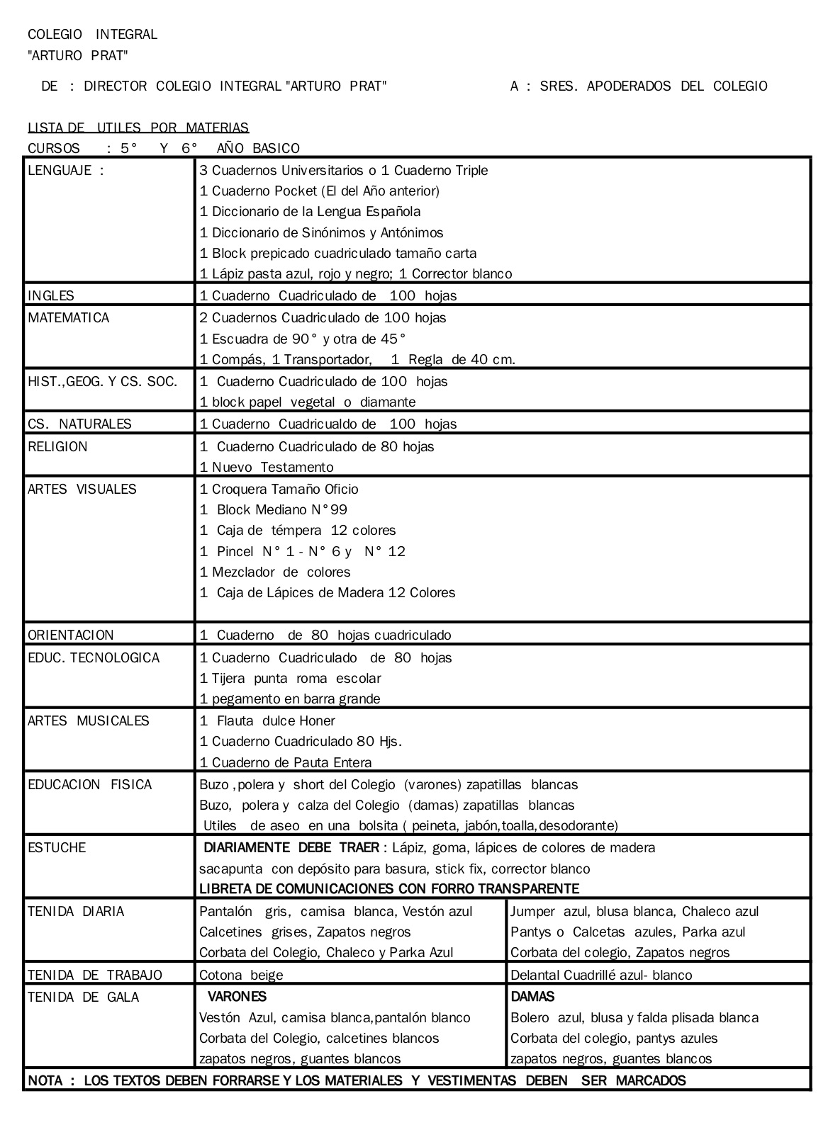 LISTA DE UTILES 5º Y 6º BASICO 2019