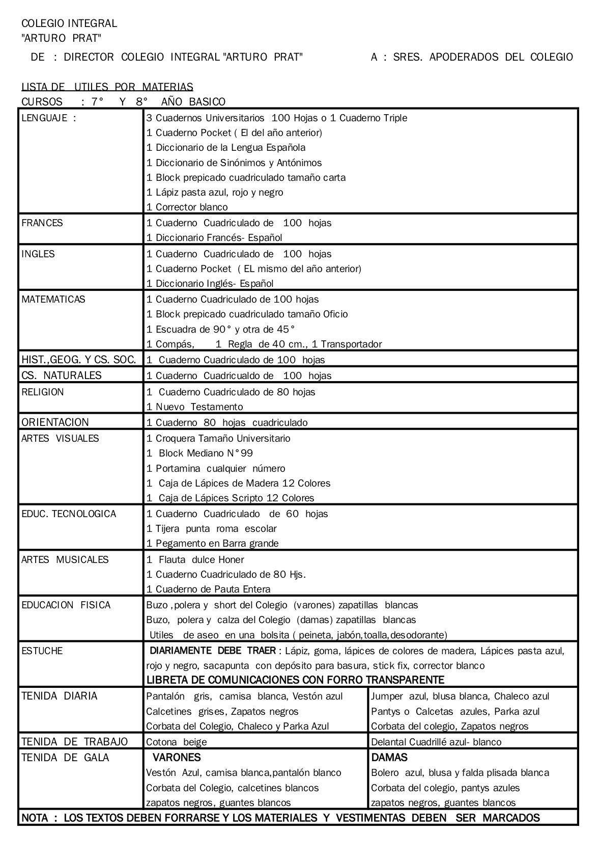 LISTA DE UTILES 7º Y 8º BASICO 2019